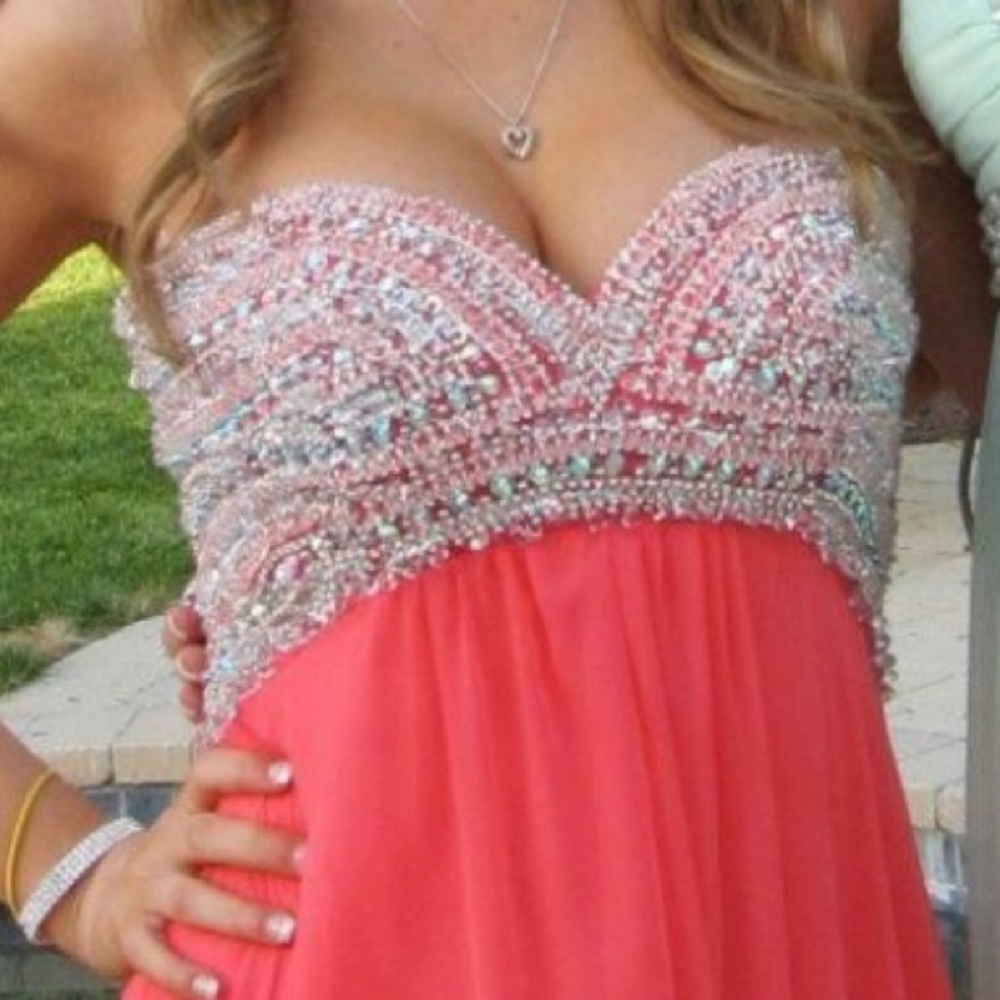 Designer long prom dress. Coral with silver gems